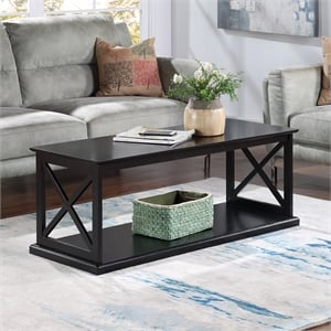 Coventry Coffee Table with Shelf in Black Wood Finish with &quotX&quot Side Panels