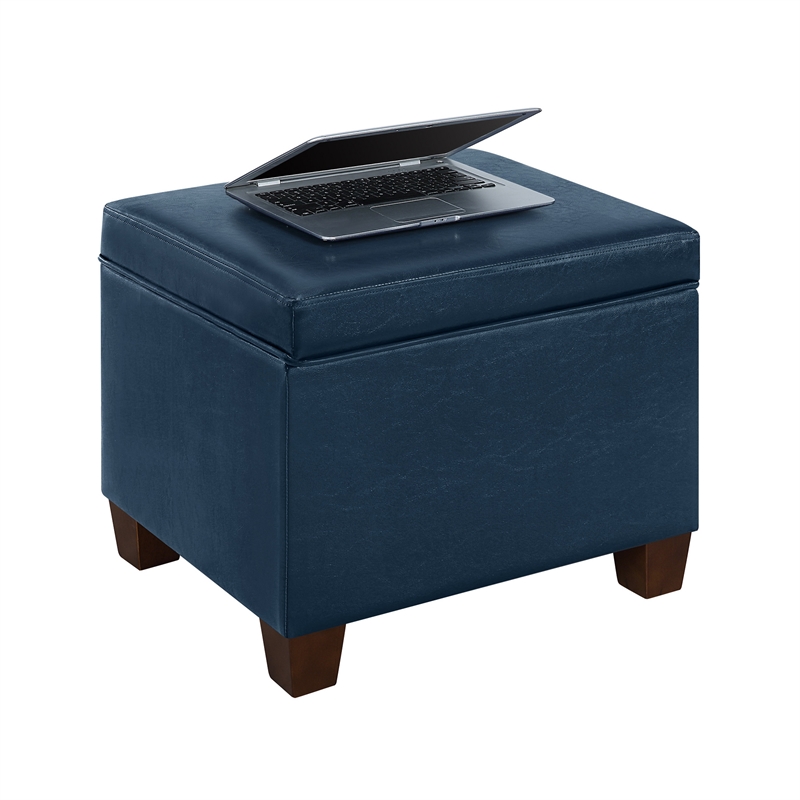 Madison Storage Ottoman in Blue Faux Leather with Solid Wood Feet
