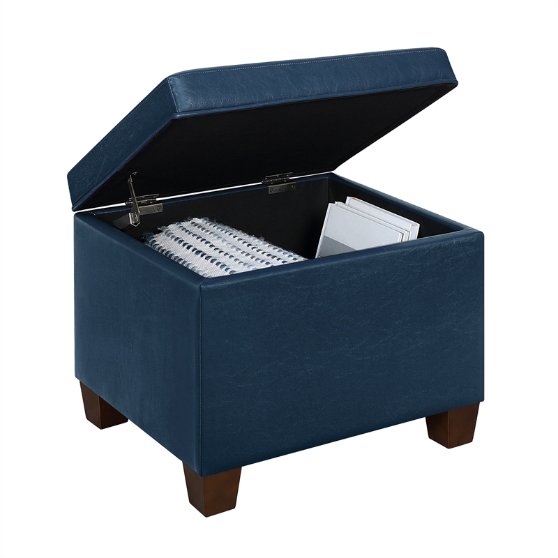Madison Storage Ottoman in Blue Faux Leather with Solid Wood Feet