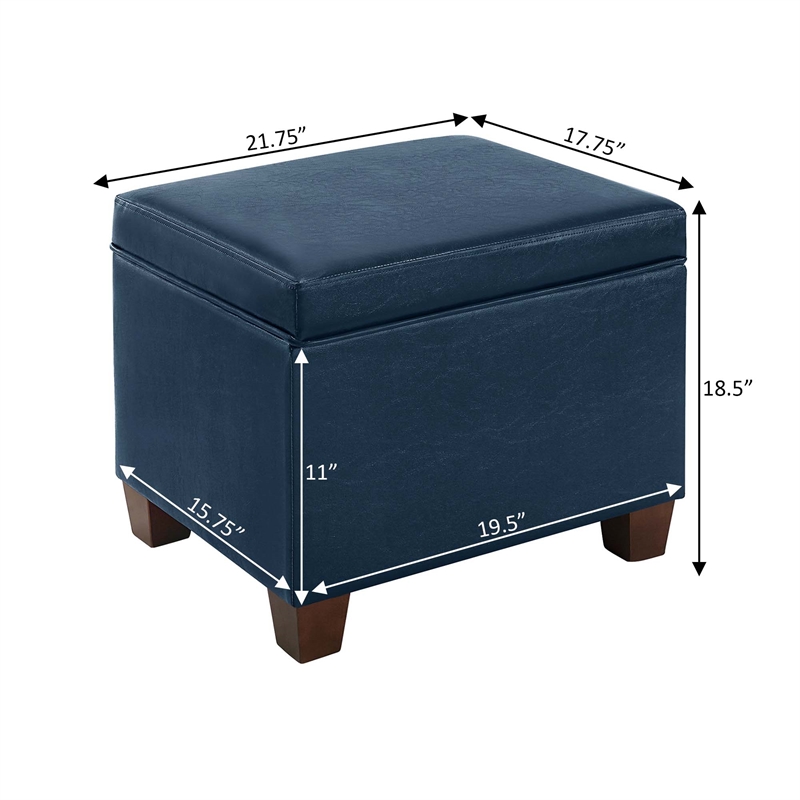 Madison Storage Ottoman in Blue Faux Leather with Solid Wood Feet
