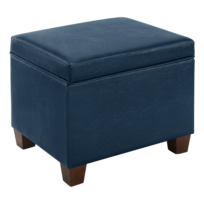 Madison Storage Ottoman in Blue Faux Leather with Solid Wood Feet