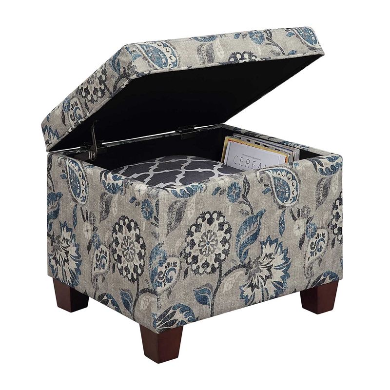 Madison Storage Ottoman in Gray Print Fabric with Solid Wood Feet