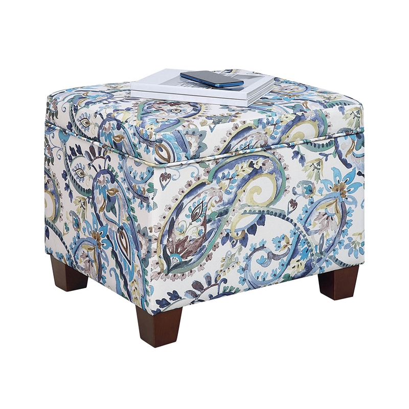 Madison Storage Ottoman in Blue Print Fabric with Solid Wood Feet