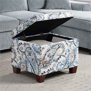 Madison Storage Ottoman in Blue Print Fabric with Solid Wood Feet