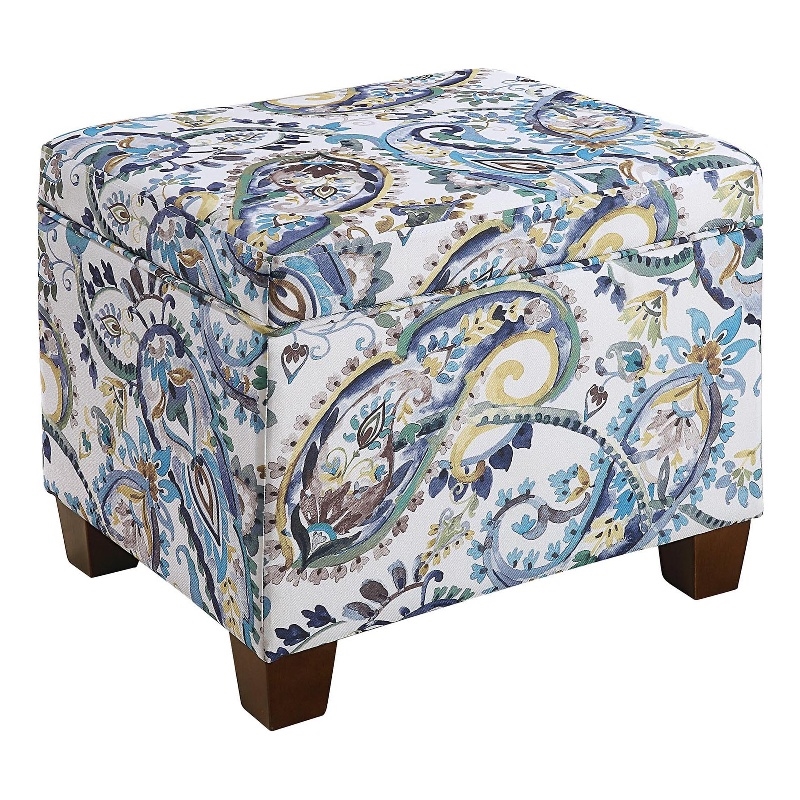 Madison Storage Ottoman in Blue Print Fabric with Solid Wood Feet