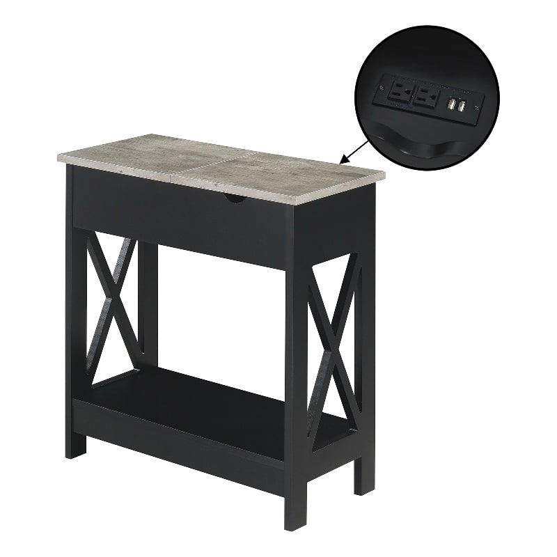 Oxford Flip-Top End Table with Charging Station and Shelf in Black Wood Finish