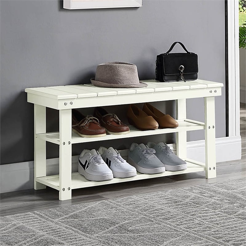 Oxford Utility Mudroom Bench with Shelves in Ivory Wood Finish
