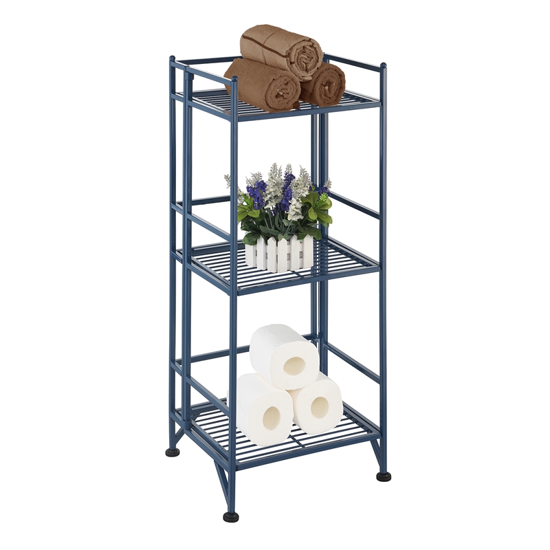 Xtra Storage Three-Tier Folding Metal Shelf with Cobalt Blue Metal Frame