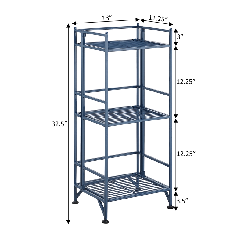 Xtra Storage Three-Tier Folding Metal Shelf with Cobalt Blue Metal Frame