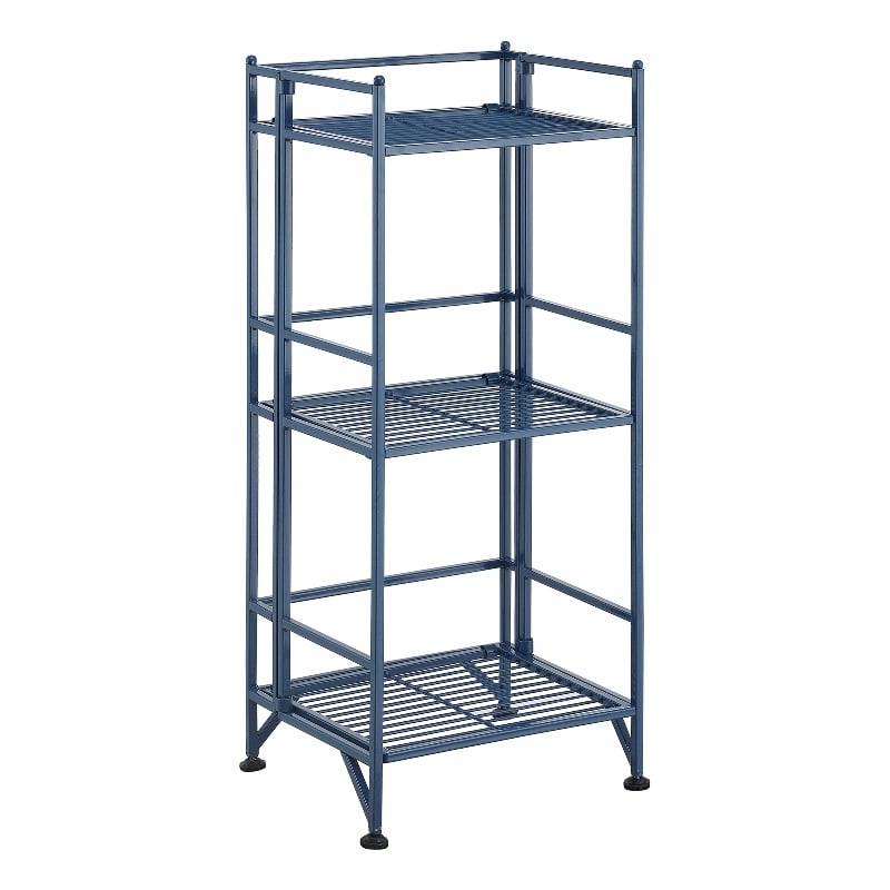 Xtra Storage Three-Tier Folding Metal Shelf with Cobalt Blue Metal Frame