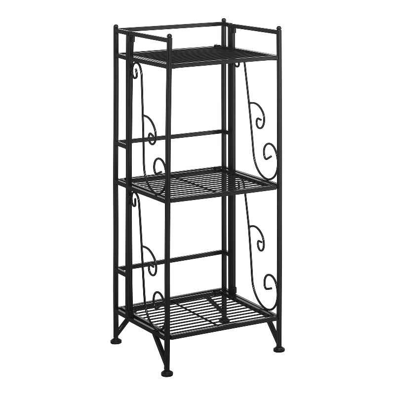 Xtra Storage Three-Tier Folding Metal Shelf with Scroll Design in Black Metal