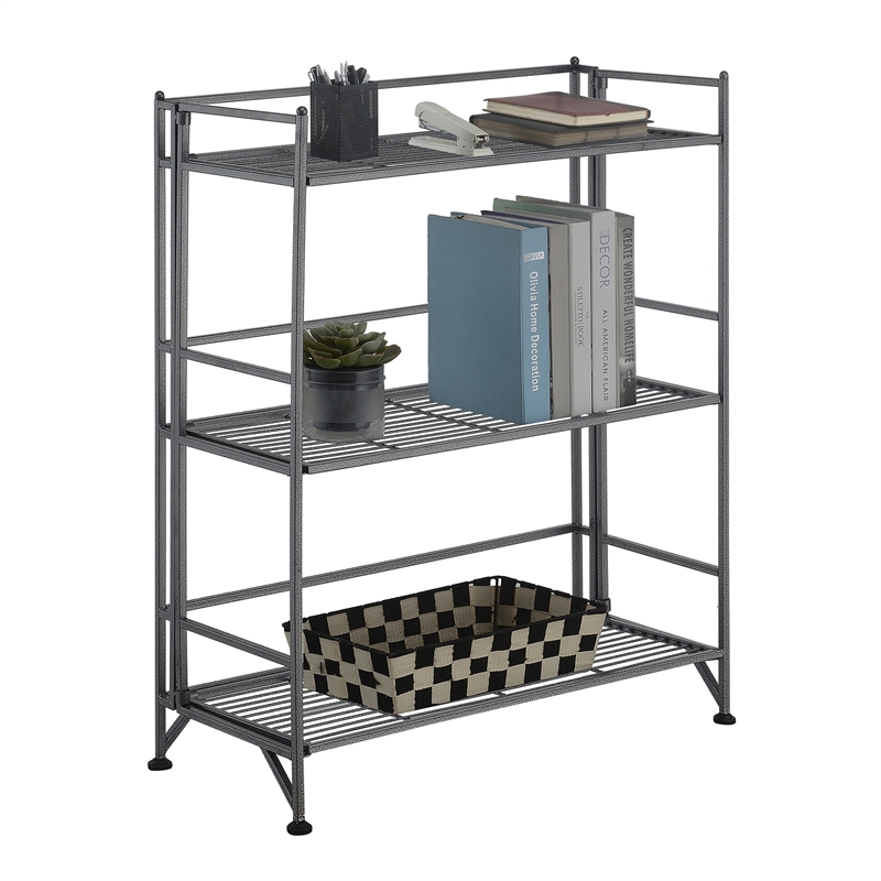 Xtra Storage Three-Tier Wide Folding Metal Shelf with Textured Gray Metal Frame