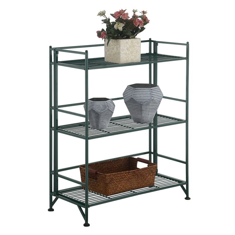Xtra Storage Three-Tier Wide Folding Metal Shelf with Green Metal Frame