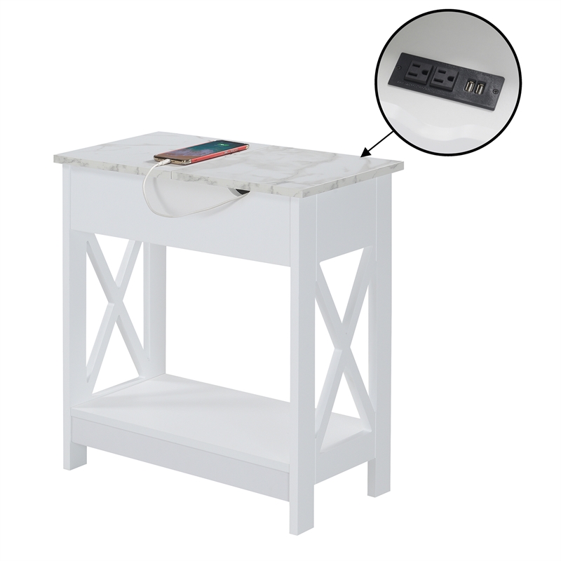 Oxford Flip Top End Table with Charging Station and Shelf in White Wood Finish