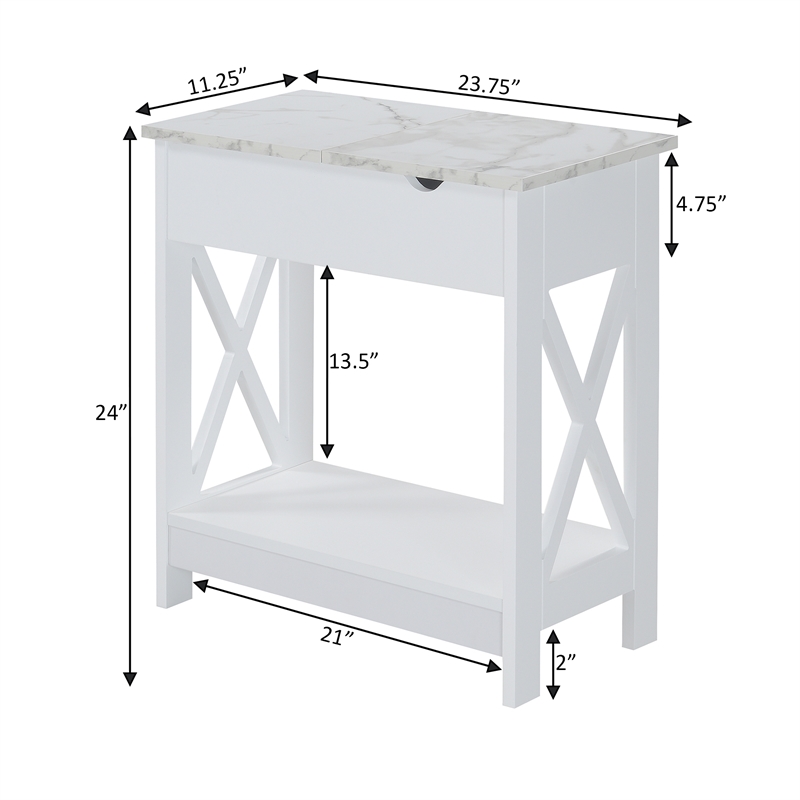 Oxford Flip Top End Table with Charging Station and Shelf in White Wood Finish