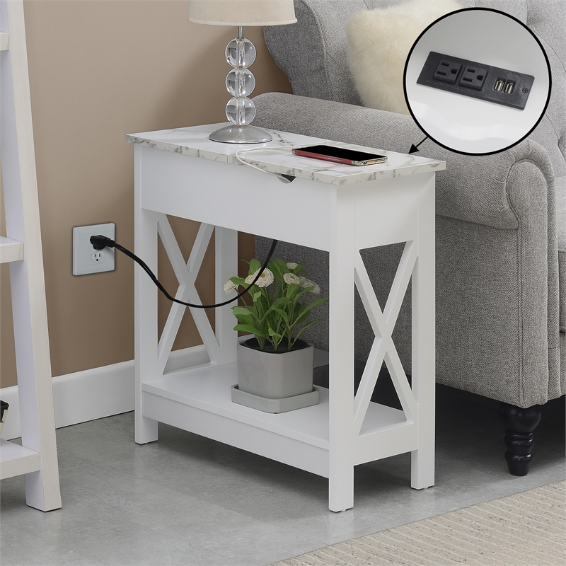Oxford Flip Top End Table with Charging Station and Shelf in White Wood Finish