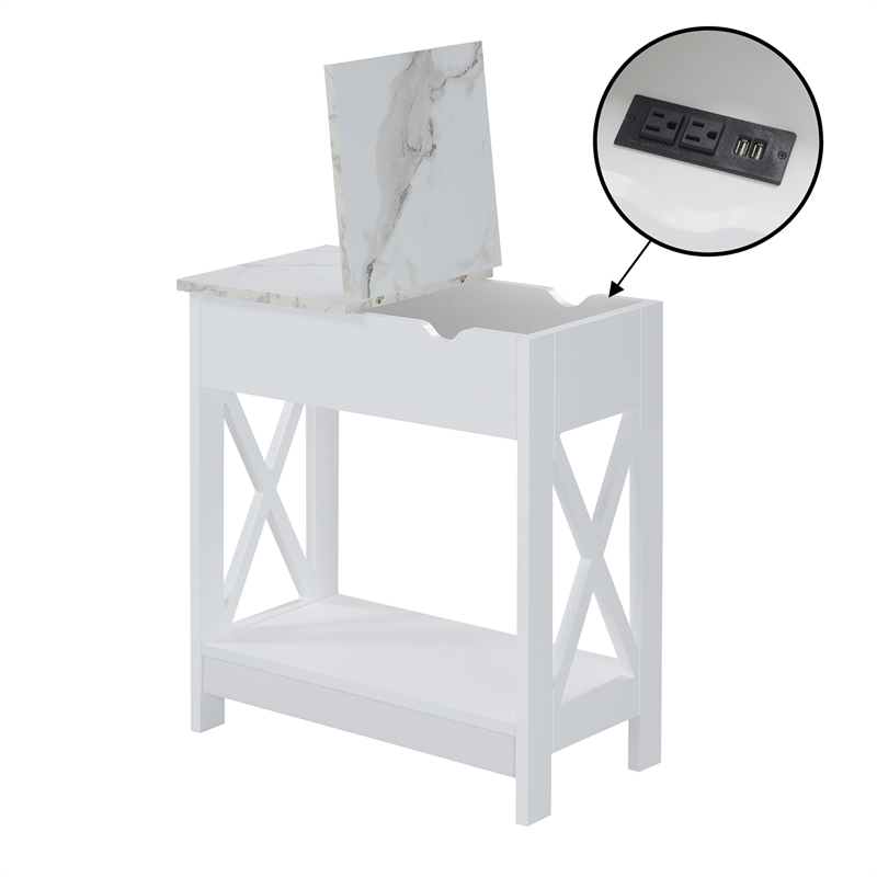 Oxford Flip Top End Table with Charging Station and Shelf in White Wood Finish