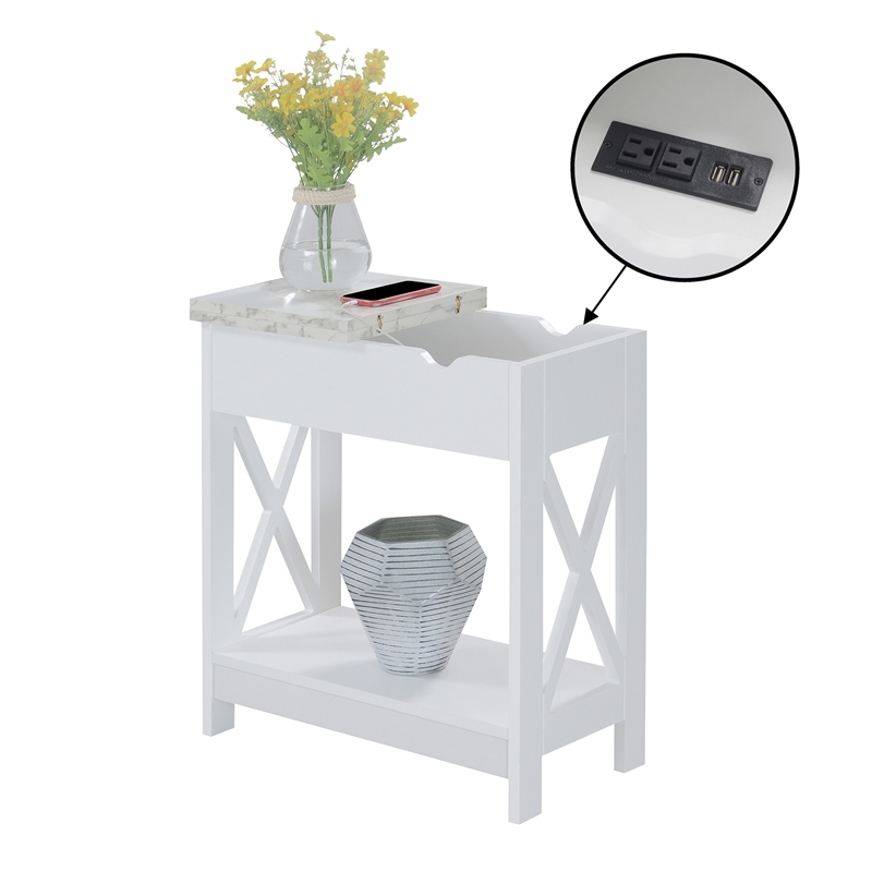 Oxford Flip Top End Table with Charging Station and Shelf in White Wood Finish