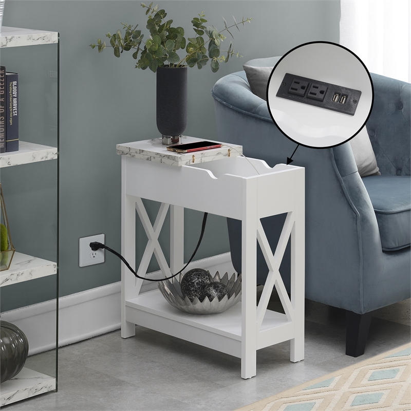 Oxford Flip Top End Table with Charging Station and Shelf in White Wood Finish