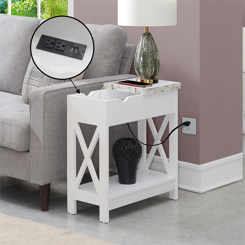 Oxford Flip Top End Table with Charging Station and Shelf in White Wood Finish
