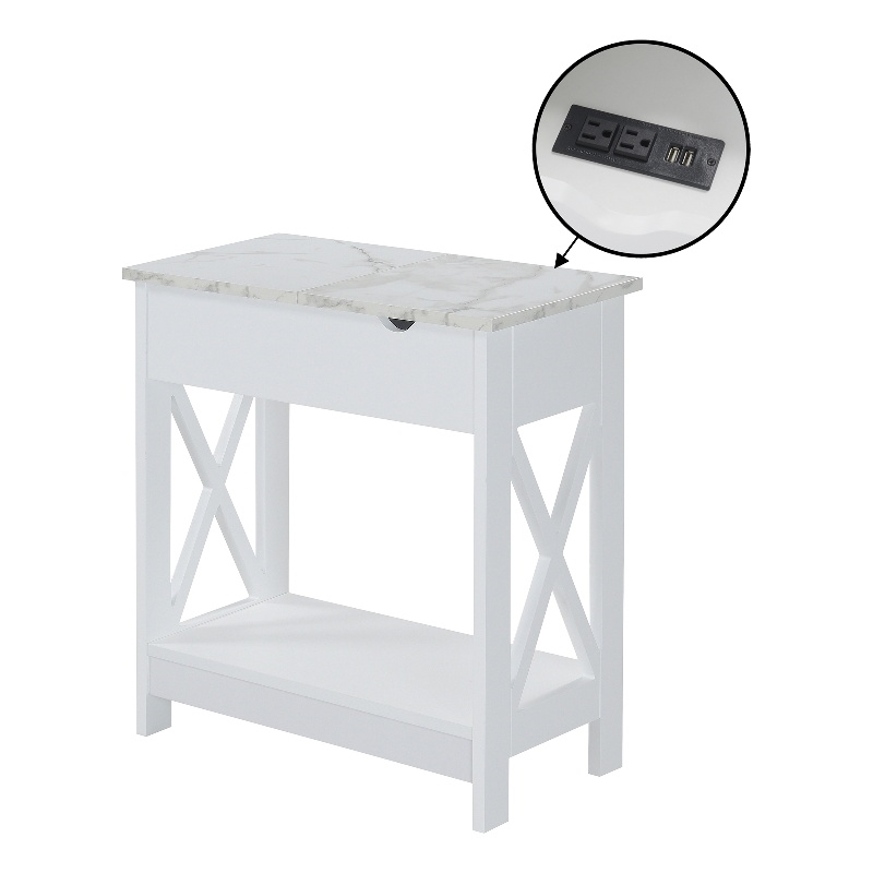 Oxford Flip Top End Table with Charging Station and Shelf in White Wood Finish