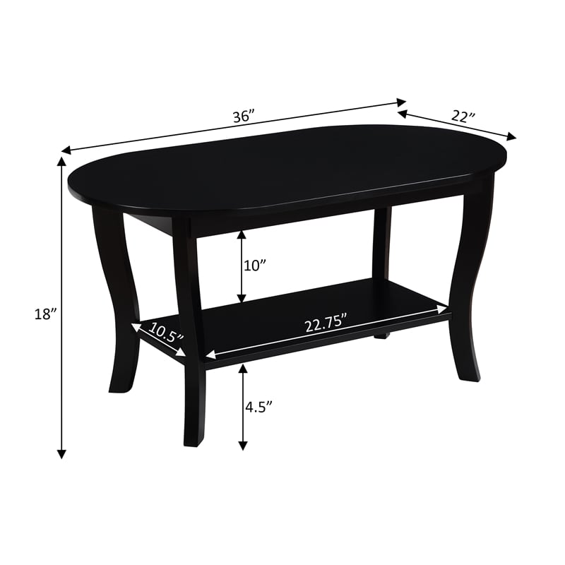 American Heritage Oval Coffee Table with Shelf in Black Wood Finish
