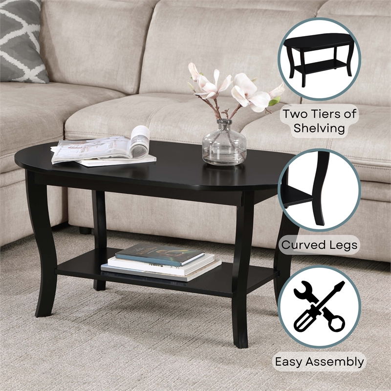 American Heritage Oval Coffee Table with Shelf in Black Wood Finish
