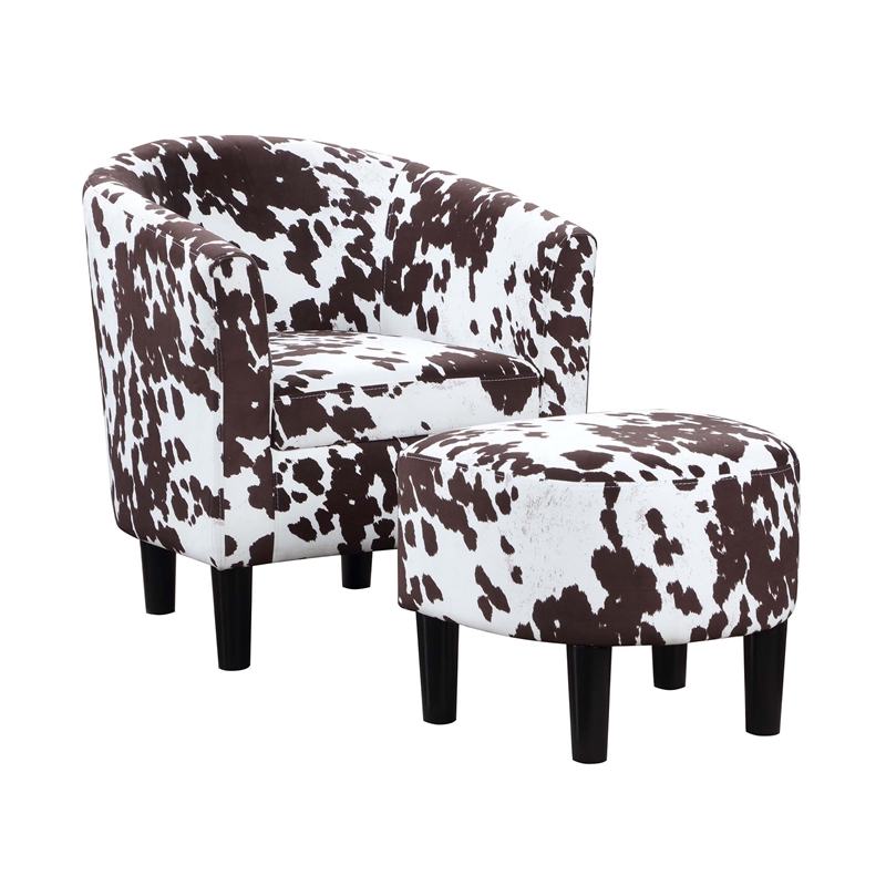 Take a Seat Churchill Accent Chair w/Ottoman in White and Brown Cowhide Fabric