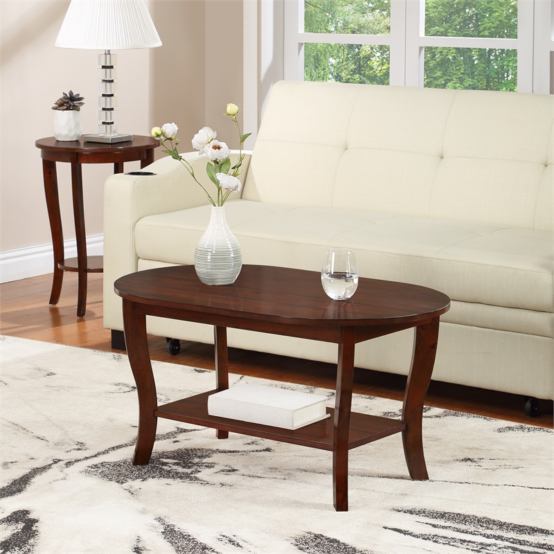American Heritage Oval Coffee Table with Shelf in Espresso Wood Finish