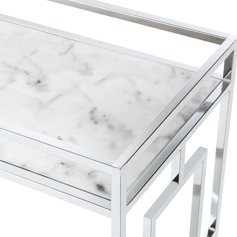 Town Square Chrome Metal Faux Marble Mirrored Bar Cart with Shelf
