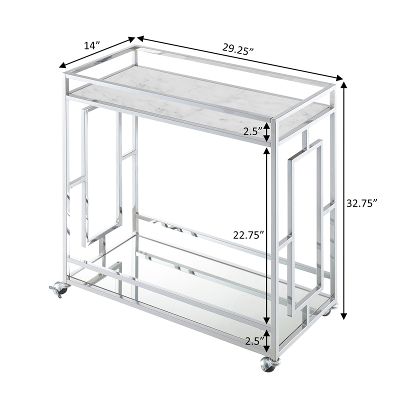 Town Square Chrome Metal Faux Marble Mirrored Bar Cart with Shelf