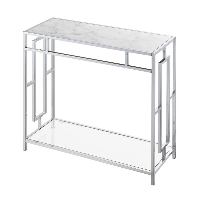 Town Square Chrome Metal Faux Marble Glass Hall Table with Shelf