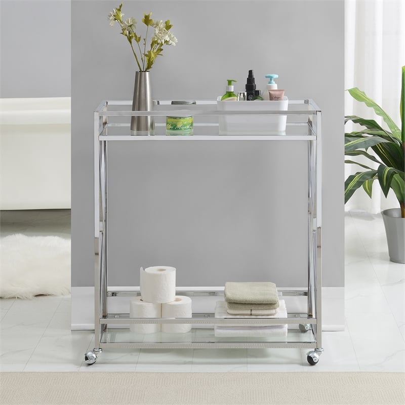 Convenience Concepts Oxford Chrome Metal Glass Bar Cart with Shelf