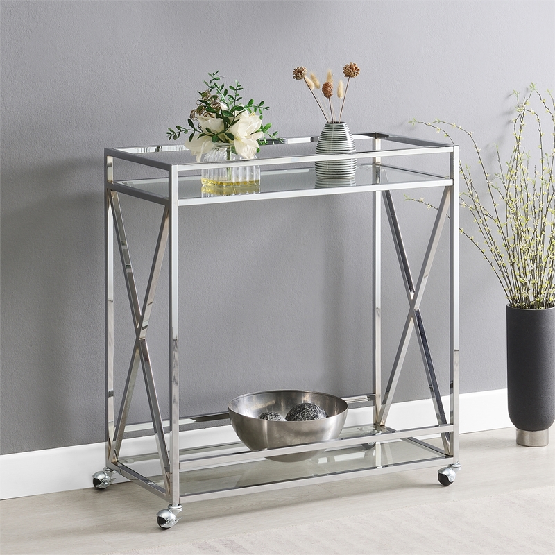 Convenience Concepts Oxford Chrome Metal Glass Bar Cart with Shelf