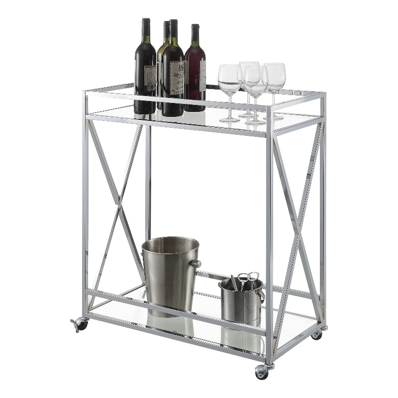 Convenience Concepts Oxford Chrome Metal Glass Bar Cart with Shelf