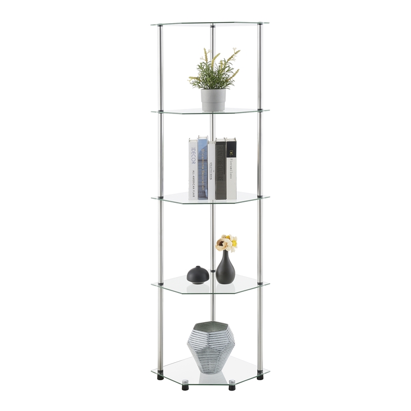 Designs2Go Classic Clear Glass Five-Tier Corner Tower with Stainless Steel Legs
