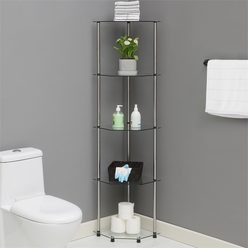 Designs2Go Classic Clear Glass Five-Tier Corner Tower with Stainless Steel Legs