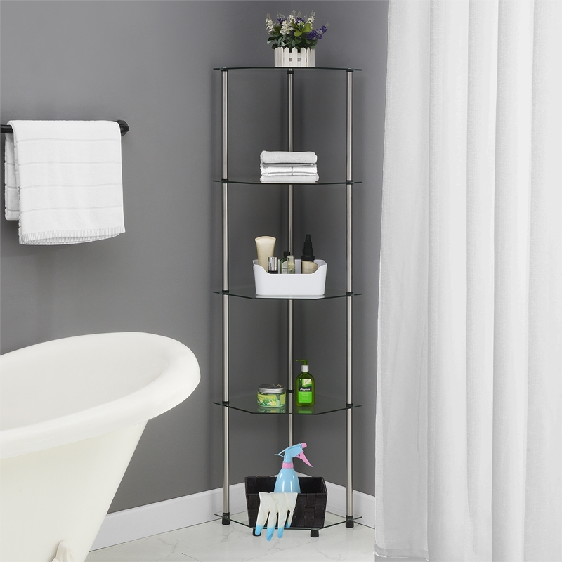 Designs2Go Classic Clear Glass Five-Tier Corner Tower with Stainless Steel Legs