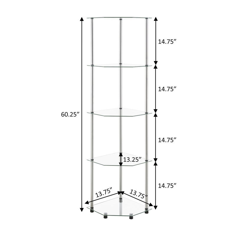 Designs2Go Classic Clear Glass Five-Tier Corner Tower with Stainless Steel Legs