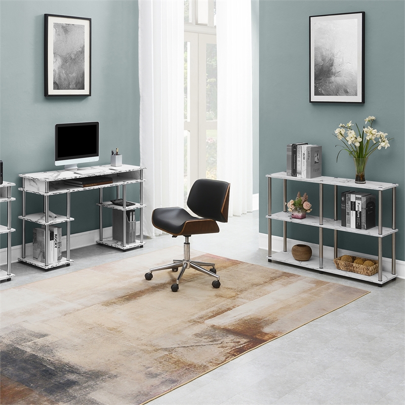 Designs2Go No-Tools Console Table with Shelves in White Faux Marble Wood Finish