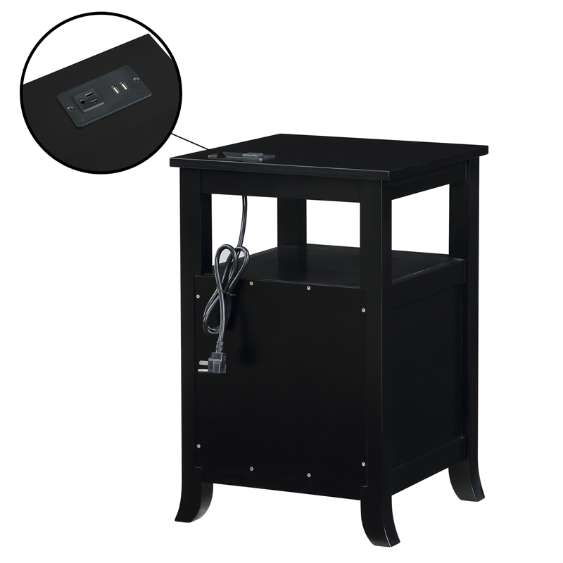 Melbourne Two-Drawer End Table with Charging Station and Shelf in Black Wood