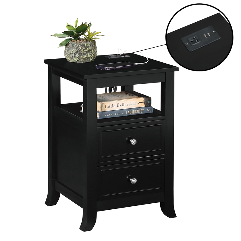 Melbourne Two-Drawer End Table with Charging Station and Shelf in Black Wood