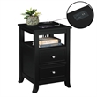 Melbourne Two-Drawer End Table with Charging Station and Shelf in Black Wood