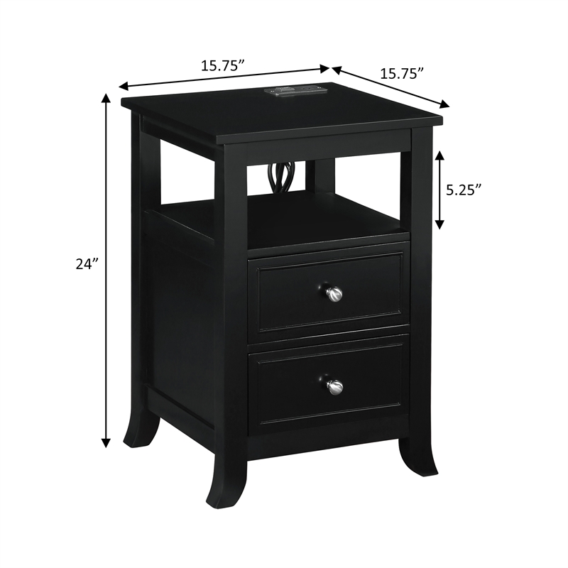 Melbourne Two-Drawer End Table with Charging Station and Shelf in Black Wood