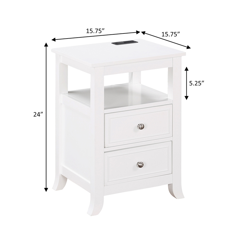 Melbourne Two-Drawer End Table with Charging Station and Shelf in White Wood