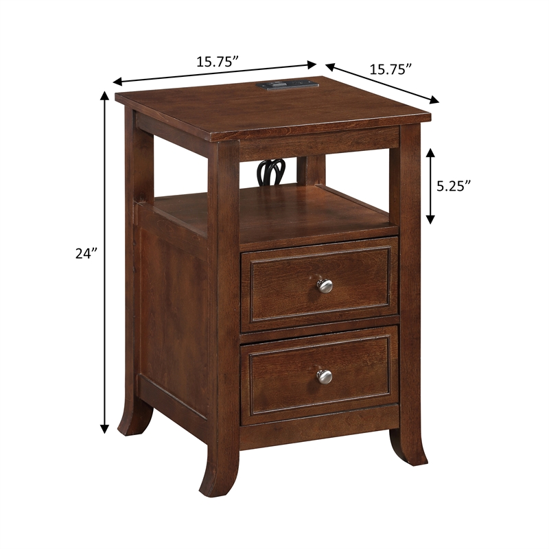 Melbourne Two-Drawer End Table with Charging Station and Shelf in Espresso Wood