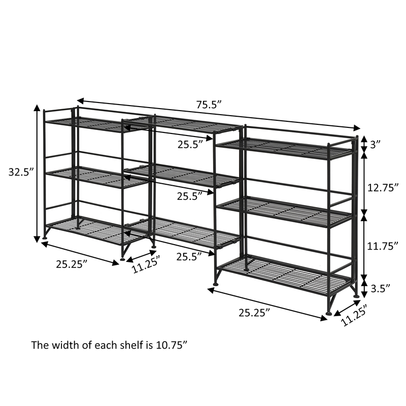 32.5 Xtra Storage 3 Tier Wide Folding Metal Shelf Black