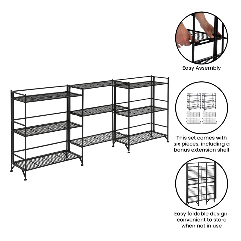 32.5 Xtra Storage 3 Tier Wide Folding Metal Shelf Black