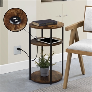 Designs2Go Simon Three-Tier End Table with USB Ports in Nutmeg Wood Finish