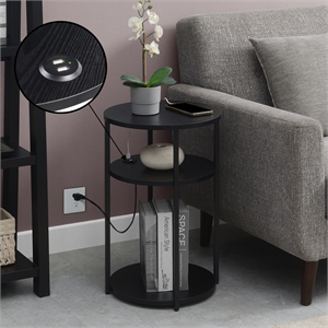 Designs2Go Simon Three-Tier End Table with USB Ports in Black Wood Finish